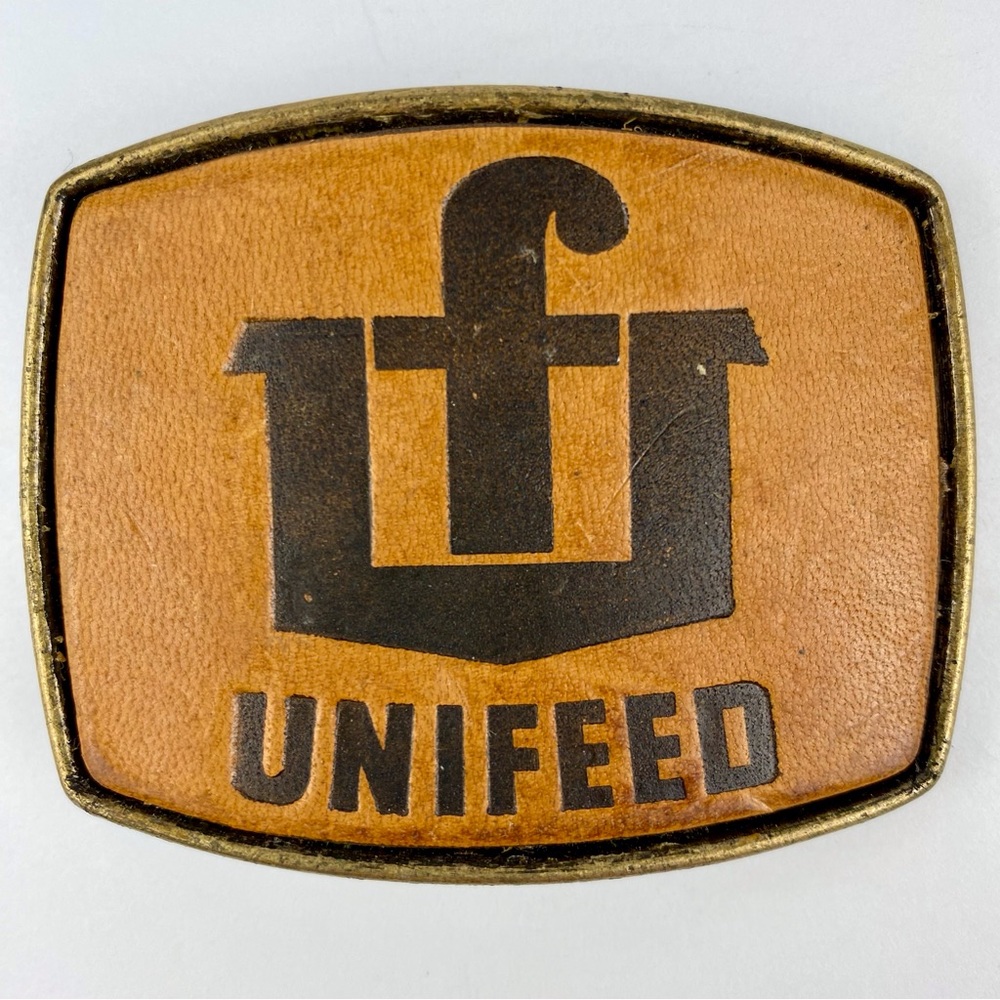 Vintage Unifeed Metal Leather Belt Buckle Canada Agricultural Collectible 3 x 2"